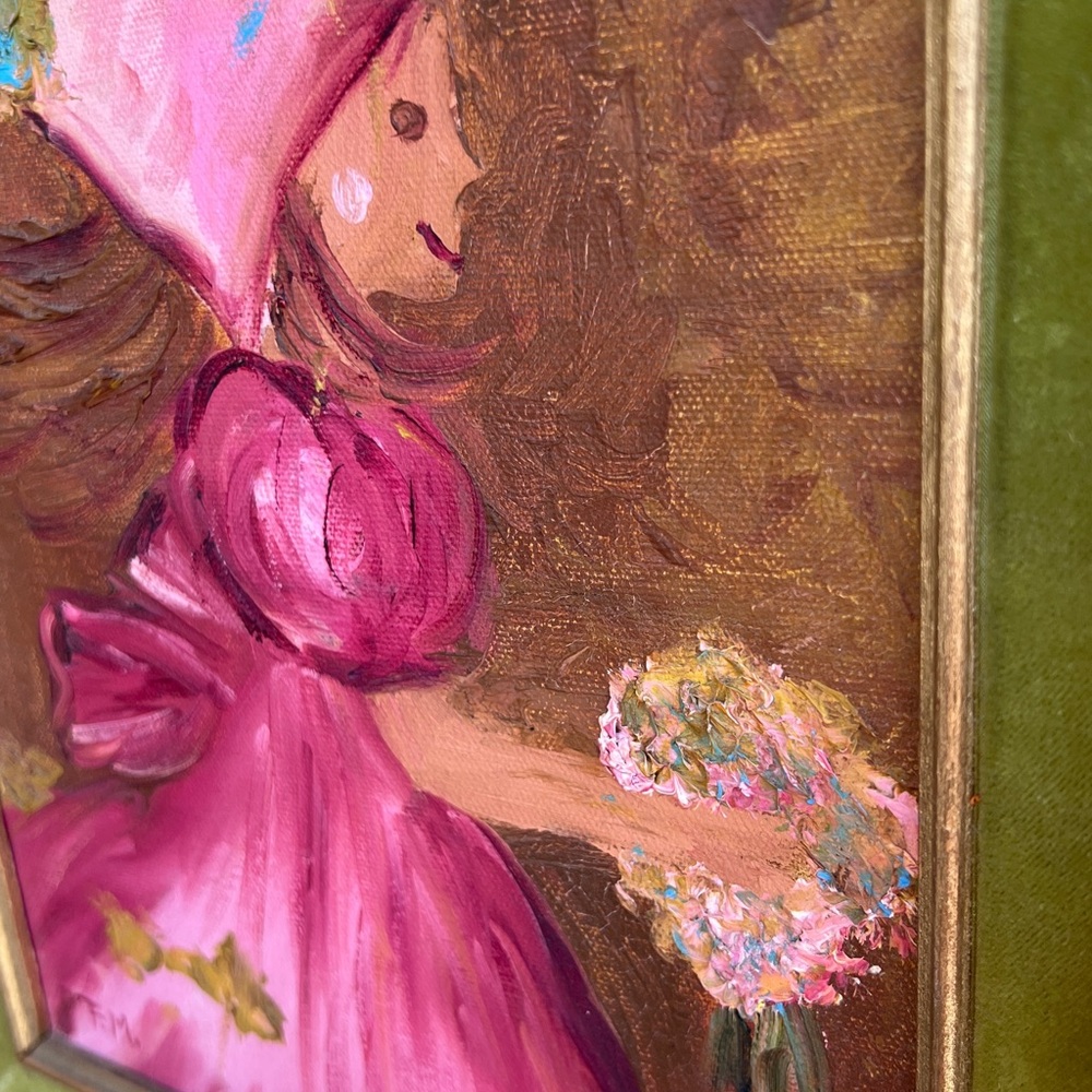 Vintage Italy Signed Oil Painting Gold Gilt Green Velvet Frame Girl W Flowers - Picture 5 of 16